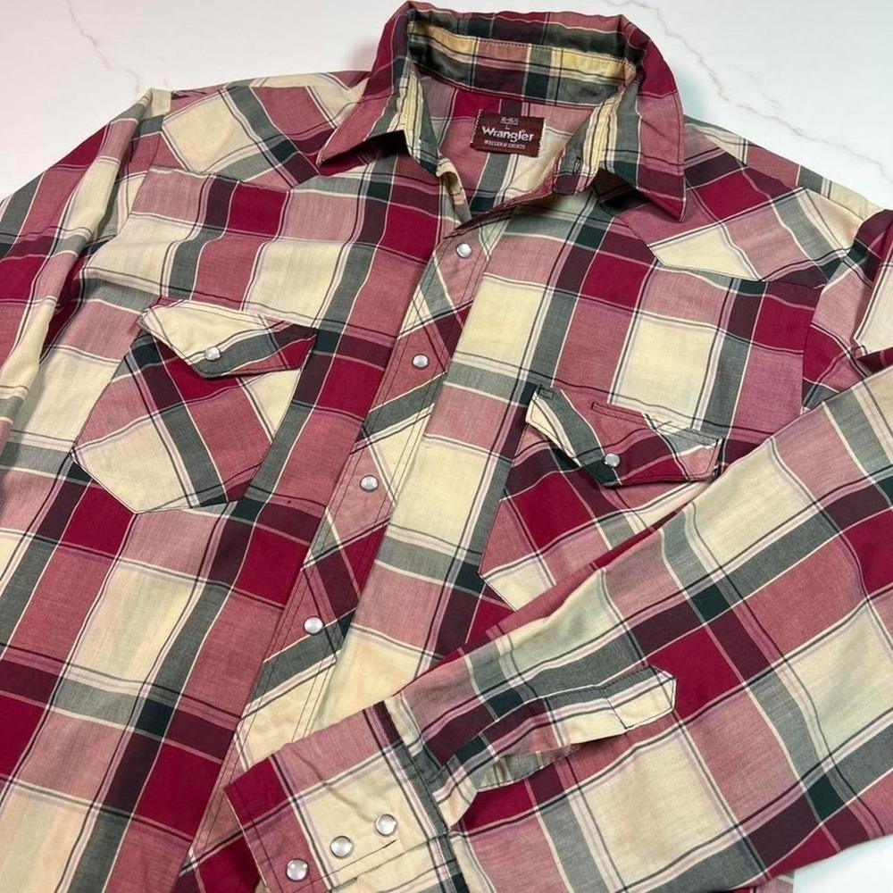 Wrangler Western Shirt Mens Large Burgundy Plaid Snap Button Down Raw Hem